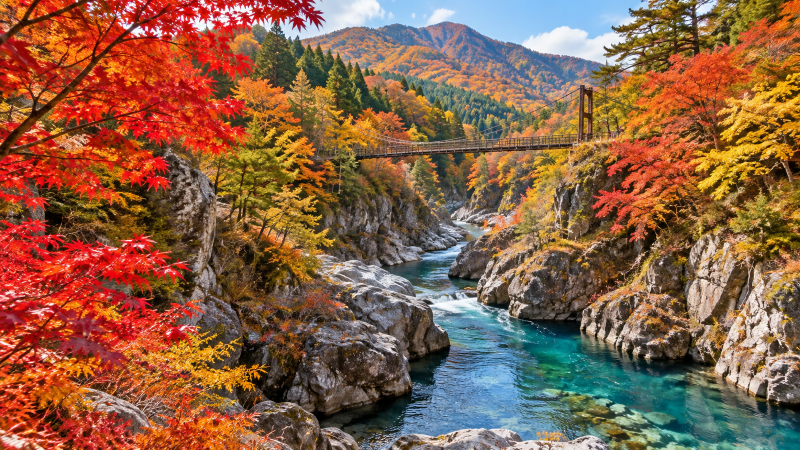 コバルトブルーの渓流、吊り橋、赤や黄色の紅葉が広がる抱返り渓谷のイメージ