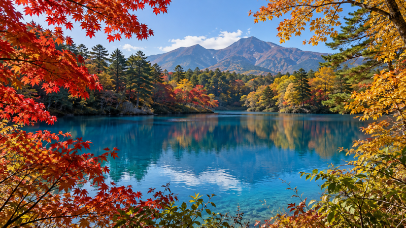 紅葉に囲まれた五色沼の青い水面のイメージ