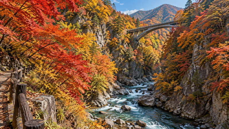 紅葉に染まる中津川渓谷と渓谷橋のイメージ